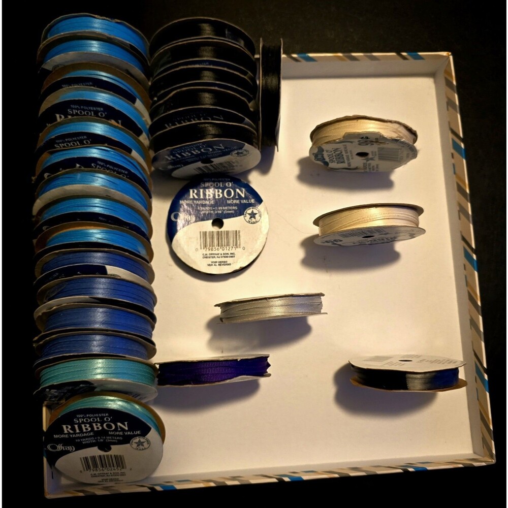 Offray Vintage Lot of 27 Spools Craft/DIY Ribbon Blues, Black, etc. Made In Usa